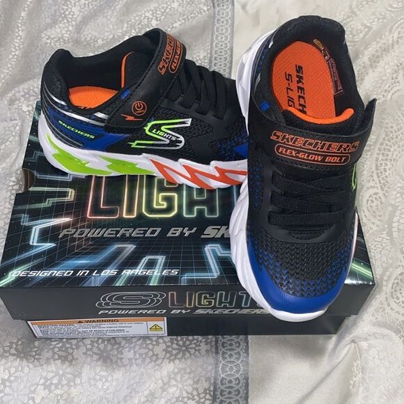 Skechers Boys Flex-Glow Bolt Light-Up Sneaker NWT Size 11 Black and Blue - Picture 3 of 10